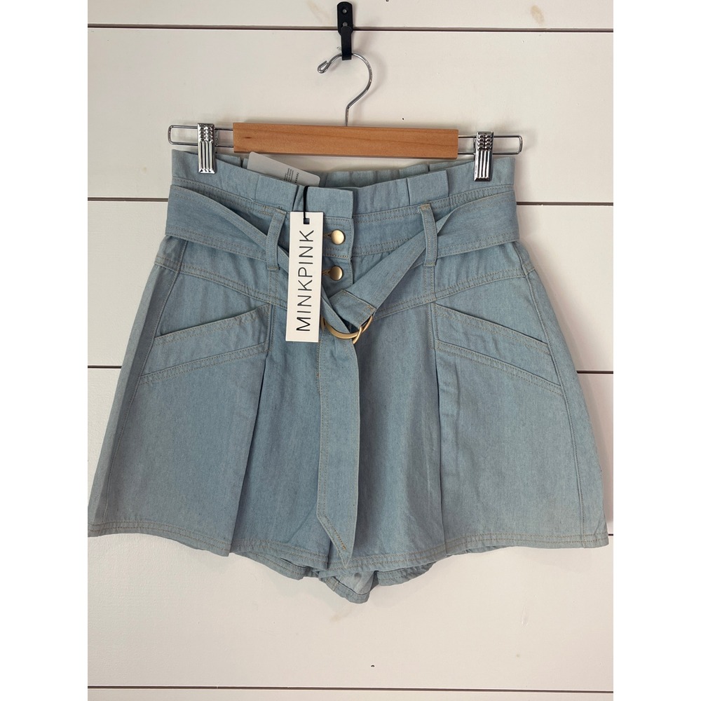 NWT Minkpink High Waisted Denim Shorts Light Wash Blue Belted Paperbag Small